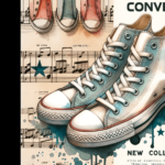 Buty Converse w akwarelowym stylu obok klasycznego wzoru Converse All Star z napisem 'Nowa Kolekcja'.