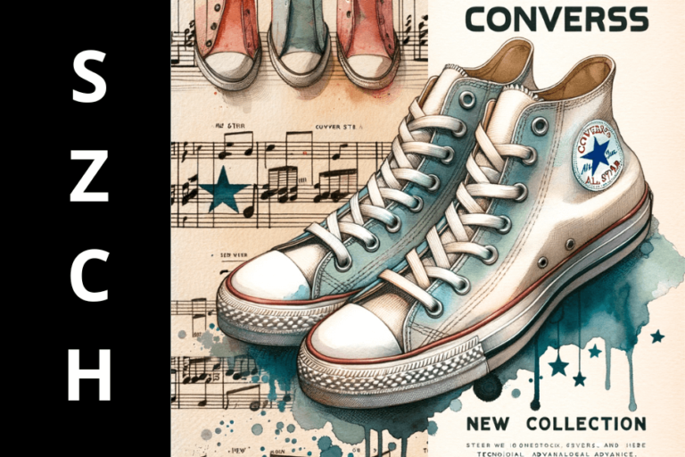 Buty Converse w akwarelowym stylu obok klasycznego wzoru Converse All Star z napisem 'Nowa Kolekcja'.
