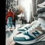 Buty New Balance na ulicy miasta, łączące sportowy wygląd z elegancją, z ludźmi prezentującymi różnorodne stylizacje w tle.