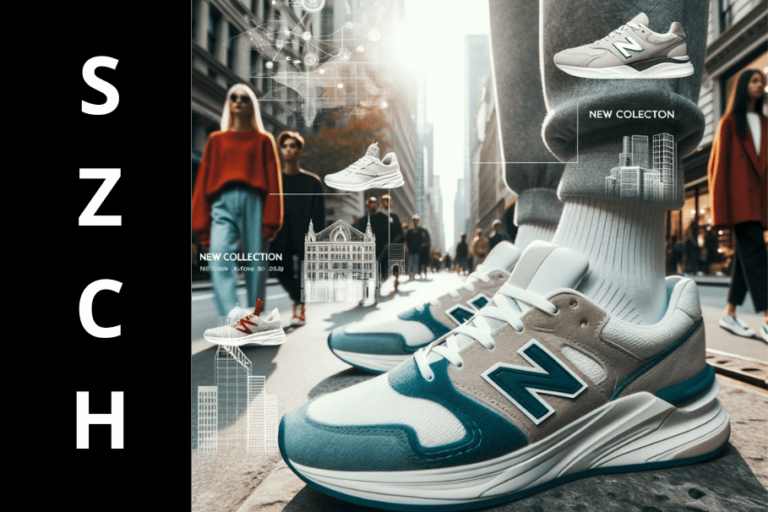 Buty New Balance na ulicy miasta, łączące sportowy wygląd z elegancją, z ludźmi prezentującymi różnorodne stylizacje w tle.