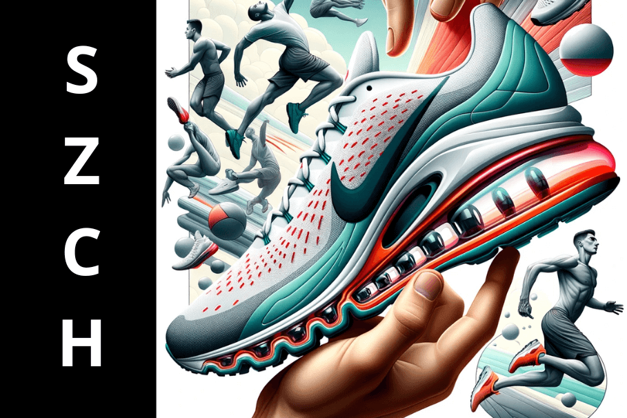 Ilustracja przedstawiająca technologię Air Max w przekroju buta z akcentem na amortyzację powietrzną i sportowców w akcji.