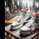 Najnowsze buty Air Jordan na tle boiska do koszykówki z graficznym podkreśleniem nowych funkcji i wzorów.