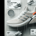 Nowoczesne buty Adidas na betonowym tle z wskazówkami dotyczącymi najnowszych technologii.