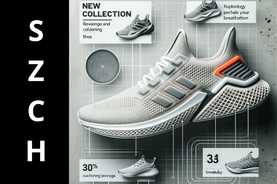 Nowoczesne buty Adidas na betonowym tle z wskazówkami dotyczącymi najnowszych technologii.