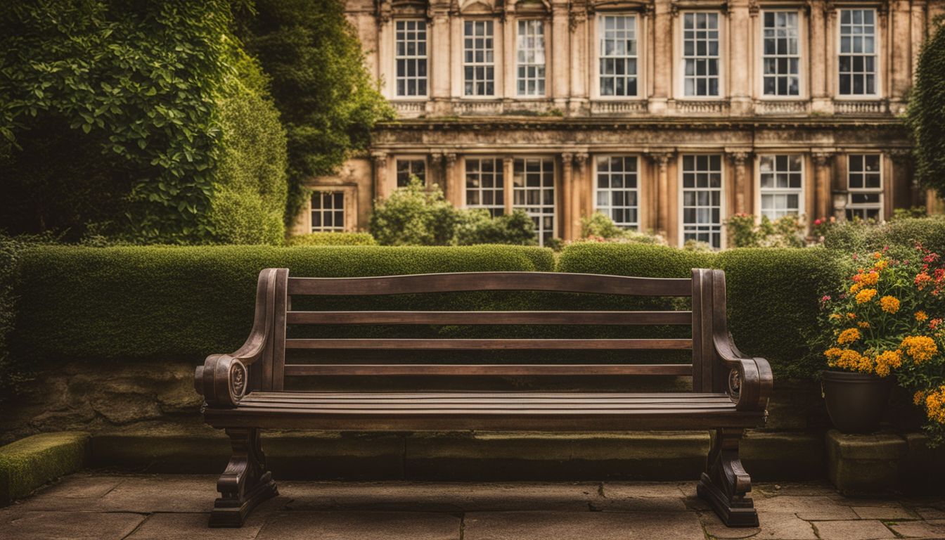 Stare ławka w ogrodzie z piękną architekturą miejską.