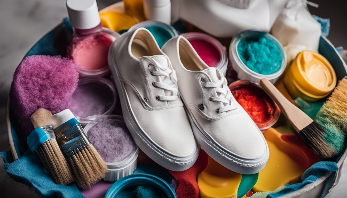 Obraz przedstawia czyszczenie białych butów płóciennych przy użyciu mydła i szczotki.
