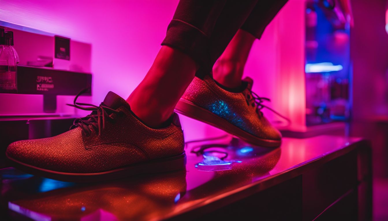 Zdjęcie przedstawia dezynfekcję butów za pomocą światła UV w czystym i dobrze oświetlonym otoczeniu.
