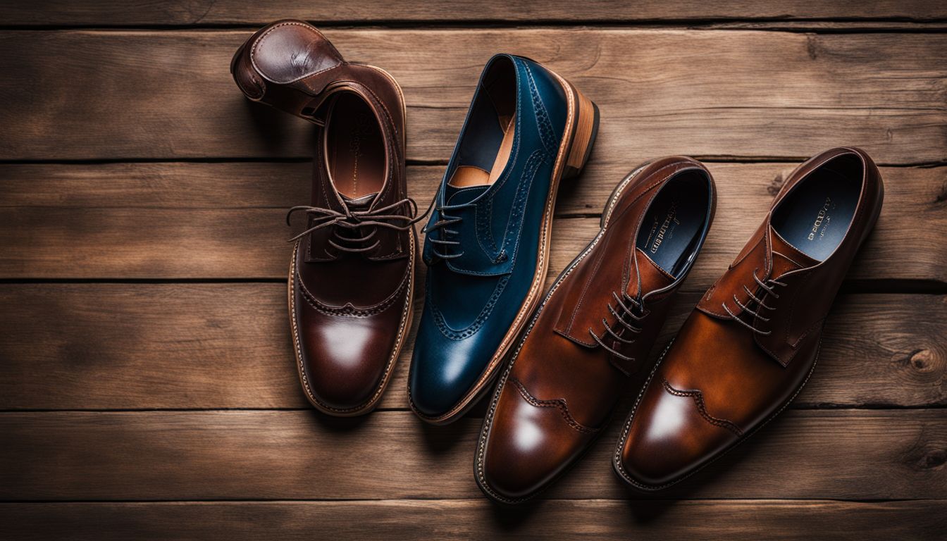 Wysokiej jakości buty Potocki Buty na tle rustykalnego drewna.