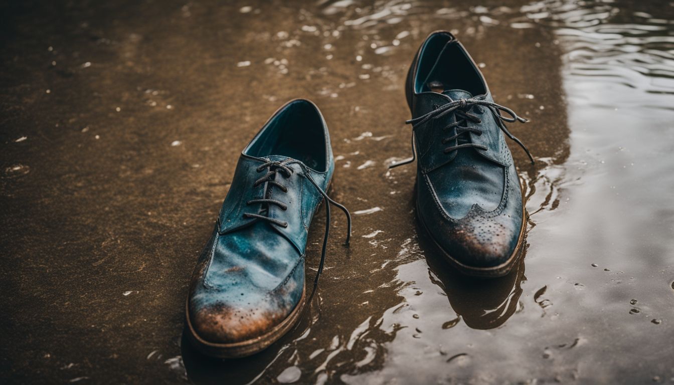 Zdjęcie zużytych butów na mokrej ulicy w miejskim otoczeniu.