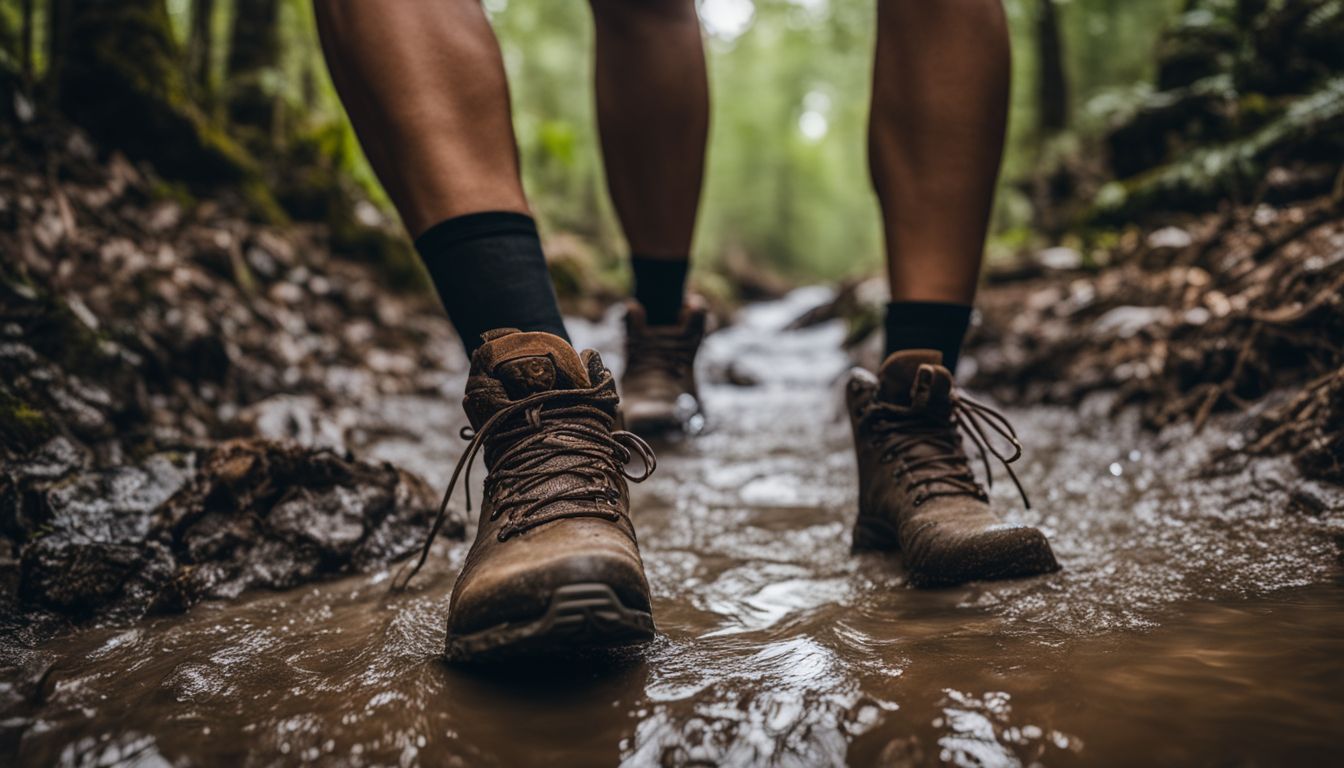 Hiker używa antypoślizgowych nakładek na buty w leśnym szlaku.