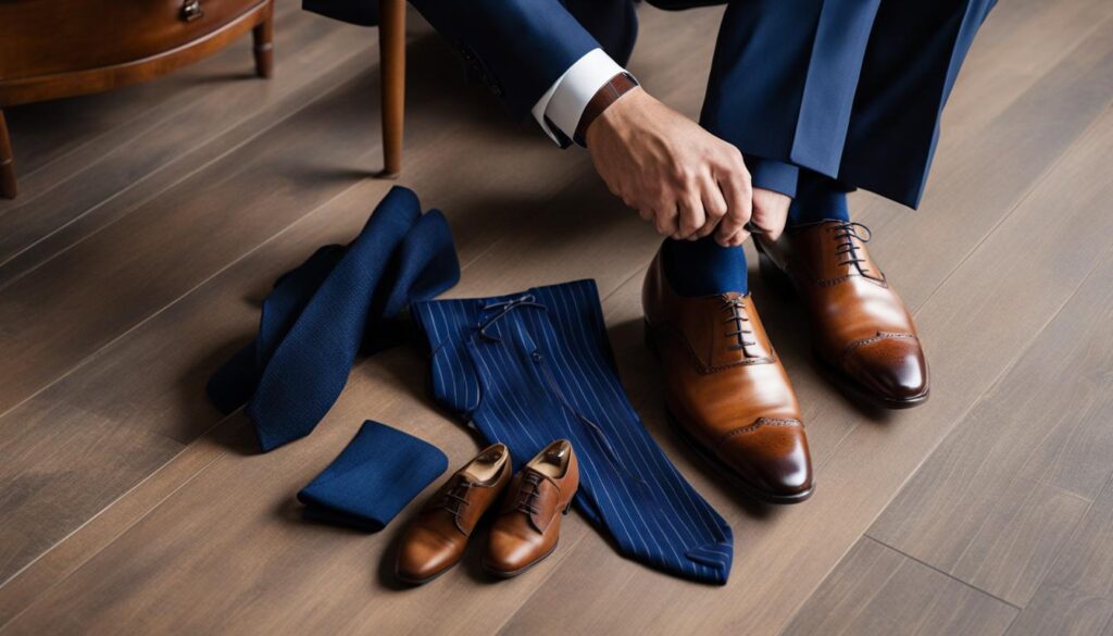 granatowy garnitur brązowe buty jakie skarpety