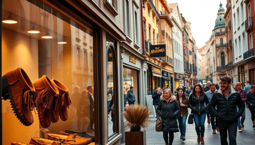 A bustling high street in a charming European city, with a warm, inviting atmosphere. In the foreground, a well-lit display window showcases the iconic suede and leather Minnetonka moccasins, their fringes and intricate patterns catching the eye. The middle ground features pedestrians strolling by, some glancing curiously at the storefront. In the background, a mix of historic architecture and modern storefronts creates a vibrant, diverse cityscape, bathed in the soft, golden glow of late afternoon sunlight. The overall mood is one of exploration, discovery, and the enduring appeal of a beloved heritage brand. A bustling high street in a charming European city, with a warm, inviting atmosphere. In the foreground, a well-lit display window showcases the iconic suede and leather Minnetonka moccasins, their fringes and intricate patterns catching the eye. The middle ground features pedestrians strolling by, some glancing curiously at the storefront. In the background, a mix of historic architecture and modern storefronts creates a vibrant, diverse cityscape, bathed in the soft, golden glow of late afternoon sunlight. The overall mood is one of exploration, discovery, and the enduring appeal of a beloved heritage brand.