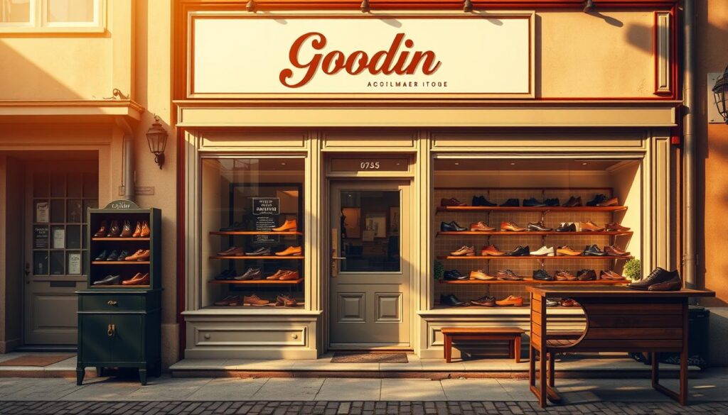 A captivating visual chronicle of the Goodin brand's origins, showcasing its rich heritage and enduring legacy. Set against a backdrop of timeless elegance, the scene depicts the brand's humble beginnings, with a meticulously rendered vintage storefront and a tasteful display of its early footwear designs. Warm, natural lighting bathes the composition, evoking a sense of nostalgia and craftsmanship. The image conveys the brand's commitment to quality and tradition, drawing the viewer into the storied past of this esteemed Polish footwear manufacturer.