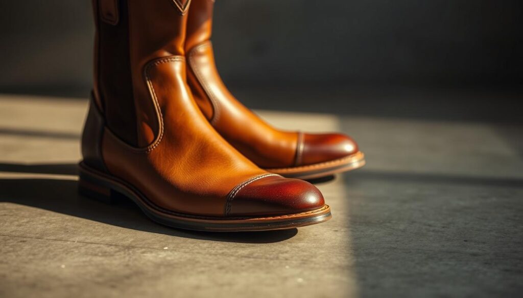 A carefully crafted pair of Noosy boots, showcasing their premium leather construction and sleek silhouette. The foreground highlights the intricate stitching, polished toe cap, and supple ankle support, bathed in warm, directional lighting that casts subtle shadows. The middle ground reveals the sturdy, treaded outsole, designed for both style and practicality. In the background, a muted, textured surface complements the boots' elegant design, creating a harmonious, high-quality product display. The overall scene conveys a sense of refined craftsmanship and attention to detail that reflects the Noosy brand's commitment to quality.