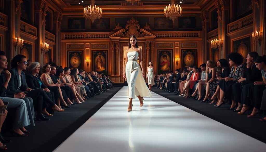 A catwalk fashion show unveils the history of a renowned brand, with models gracefully strutting down a sleek, illuminated runway. The foreground features a central model showcasing the brand's signature shoes, her pose capturing the elegance and sophistication of the design. The middle ground reveals rows of attentive audience members, their expressions reflecting the anticipation and excitement of the event. In the background, a grand, opulent stage sets the scene, complete with ornate decor and dramatic lighting that casts a warm, cinematic glow over the entire tableau. The overall atmosphere conveys the prestige and legacy of the fashion house, inviting the viewer to immerse themselves in the captivating narrative of the brand's sartorial journey. A catwalk fashion show unveils the history of a renowned brand, with models gracefully strutting down a sleek, illuminated runway. The foreground features a central model showcasing the brand's signature shoes, her pose capturing the elegance and sophistication of the design. The middle ground reveals rows of attentive audience members, their expressions reflecting the anticipation and excitement of the event. In the background, a grand, opulent stage sets the scene, complete with ornate decor and dramatic lighting that casts a warm, cinematic glow over the entire tableau. The overall atmosphere conveys the prestige and legacy of the fashion house, inviting the viewer to immerse themselves in the captivating narrative of the brand's sartorial journey.