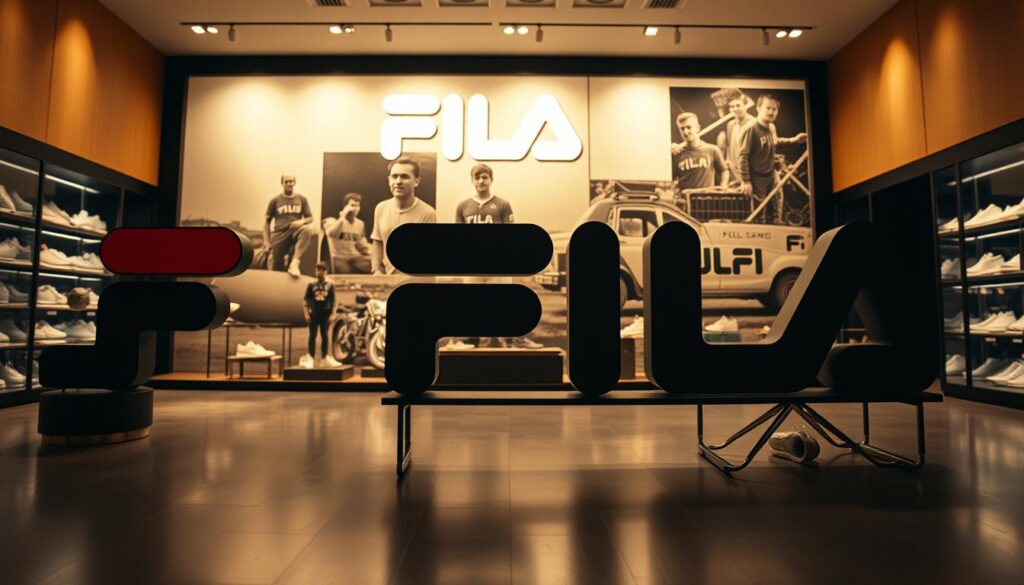 A cinematic, high-quality shot of the Fila company's history, showcasing the brand's evolution over time. In the foreground, display the Fila logo, iconic designs, and product line progression, capturing the brand's core identity. In the middle ground, depict key historical events, such as the founding of the company, significant product launches, and global expansion. In the background, include a timeless, vintage-inspired setting, conveying a sense of nostalgia and the brand's rich heritage. Utilize warm, golden hues and soft, diffused lighting to evoke a sense of timelessness and elegance. Compose the scene with a balanced, symmetrical layout, emphasizing the brand's storied past and enduring presence. A cinematic, high-quality shot of the Fila company's history, showcasing the brand's evolution over time. In the foreground, display the Fila logo, iconic designs, and product line progression, capturing the brand's core identity. In the middle ground, depict key historical events, such as the founding of the company, significant product launches, and global expansion. In the background, include a timeless, vintage-inspired setting, conveying a sense of nostalgia and the brand's rich heritage. Utilize warm, golden hues and soft, diffused lighting to evoke a sense of timelessness and elegance. Compose the scene with a balanced, symmetrical layout, emphasizing the brand's storied past and enduring presence.