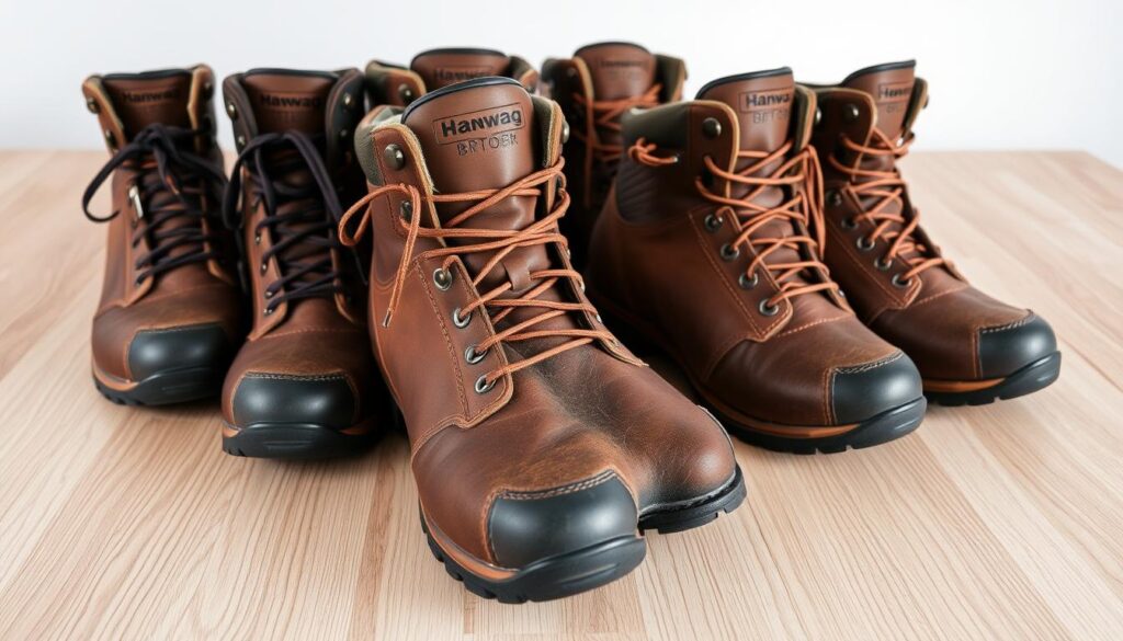 A close-up photograph of several pairs of Hanwag hiking boots arranged on a wooden surface, with a soft, even lighting illuminating the textured leather and detailed stitching. The boots are displayed in an organized, visually appealing manner, allowing the viewer to clearly examine their quality and craftsmanship. The image conveys a sense of durability, reliability, and attention to detail that reflects the reputation of the Hanwag brand. The neutral background and clean composition focus the viewer's attention on the boots, creating an aspirational and informative visual that would be well-suited to accompany a review or opinion piece on the Hanwag company and its products. A close-up photograph of several pairs of Hanwag hiking boots arranged on a wooden surface, with a soft, even lighting illuminating the textured leather and detailed stitching. The boots are displayed in an organized, visually appealing manner, allowing the viewer to clearly examine their quality and craftsmanship. The image conveys a sense of durability, reliability, and attention to detail that reflects the reputation of the Hanwag brand. The neutral background and clean composition focus the viewer's attention on the boots, creating an aspirational and informative visual that would be well-suited to accompany a review or opinion piece on the Hanwag company and its products.