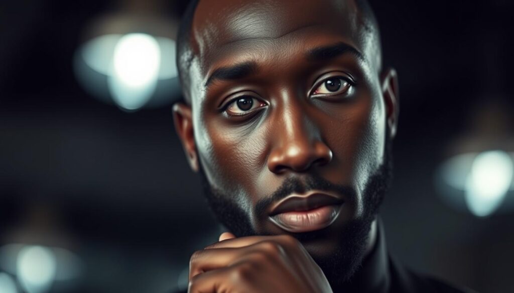 A close-up portrait of Virgil Abloh, the founder and creative director of the fashion brand Off-White. He is shown in a dignified, pensive pose, with a thoughtful expression on his face. The lighting is soft and flattering, creating depth and dimension. The background is blurred, keeping the focus on Abloh's face and upper body. The image conveys a sense of professionalism, creativity, and the distinctive aesthetic Abloh is known for. The overall mood is one of sophistication and artistic vision.