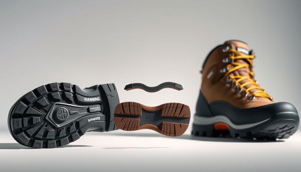 A close-up view of an assortment of innovative Hanwag hiking boot technologies, showcased against a clean, minimalist background. The foreground features a detailed examination of Hanwag's proprietary rubber outsole with its robust tread pattern, designed for superior traction and durability. In the middle ground, a cross-section reveals the boot's supportive and flexible midsole construction, incorporating specialized cushioning materials. The background subtly hints at the overall sleek, modern aesthetic of the Hanwag boot design, with soft, neutral lighting emphasizing the high-quality craftsmanship and attention to detail. A close-up view of an assortment of innovative Hanwag hiking boot technologies, showcased against a clean, minimalist background. The foreground features a detailed examination of Hanwag's proprietary rubber outsole with its robust tread pattern, designed for superior traction and durability. In the middle ground, a cross-section reveals the boot's supportive and flexible midsole construction, incorporating specialized cushioning materials. The background subtly hints at the overall sleek, modern aesthetic of the Hanwag boot design, with soft, neutral lighting emphasizing the high-quality craftsmanship and attention to detail.