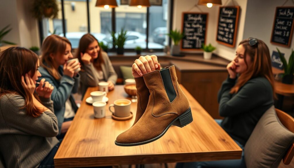 A cozy cafe setting with a group of friends gathered around a table, sipping coffee and engaged in lively conversation. In the foreground, a young woman in casual attire holds up a pair of stylish, suede-leather ankle boots - the Faith Buty brand. The middle ground features a well-lit, wooden tabletop with a chic, minimalist decor. The background showcases a warm, inviting atmosphere with soft lighting, plants, and a small chalkboard menu on the wall, hinting at the cafe's ambiance. The overall mood is one of comfort, style, and positive customer experiences, reflecting the "Opinie klientów o Faith Buty" section. A cozy cafe setting with a group of friends gathered around a table, sipping coffee and engaged in lively conversation. In the foreground, a young woman in casual attire holds up a pair of stylish, suede-leather ankle boots - the Faith Buty brand. The middle ground features a well-lit, wooden tabletop with a chic, minimalist decor. The background showcases a warm, inviting atmosphere with soft lighting, plants, and a small chalkboard menu on the wall, hinting at the cafe's ambiance. The overall mood is one of comfort, style, and positive customer experiences, reflecting the "Opinie klientów o Faith Buty" section.