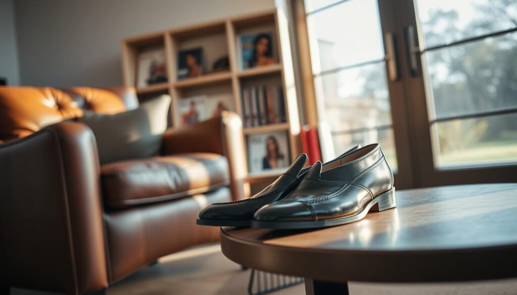 A cozy living room setting, with a plush leather armchair and a side table displaying a pair of stylish De Florence buty shoes. The shoes are positioned in the foreground, illuminated by soft, warm lighting, casting subtle shadows. In the middle ground, a bookshelf showcases various fashion magazines, hinting at the owner's interests. The background features a large window, allowing natural light to filter in and creating a serene, inviting atmosphere. The overall scene conveys a sense of comfort, style, and thoughtful attention to detail, reflecting the quality and appeal of the De Florence buty brand.