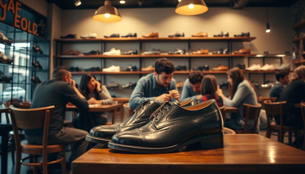 A cozy, well-lit cafe interior, with customers sitting at wooden tables and chairs, engaged in lively conversation. In the foreground, a group of people are closely examining a pair of stylish, high-quality leather shoes on display. The shelves behind them are filled with various shoe models, creating a visually appealing and inviting atmosphere. The lighting is warm and soft, casting a gentle glow on the scene, and the overall mood is one of relaxed sophistication. The angle of the shot captures the dynamic interaction between the customers and the focal point of the shoes, highlighting the centrality of the product in the customer experience. A cozy, well-lit cafe interior, with customers sitting at wooden tables and chairs, engaged in lively conversation. In the foreground, a group of people are closely examining a pair of stylish, high-quality leather shoes on display. The shelves behind them are filled with various shoe models, creating a visually appealing and inviting atmosphere. The lighting is warm and soft, casting a gentle glow on the scene, and the overall mood is one of relaxed sophistication. The angle of the shot captures the dynamic interaction between the customers and the focal point of the shoes, highlighting the centrality of the product in the customer experience.