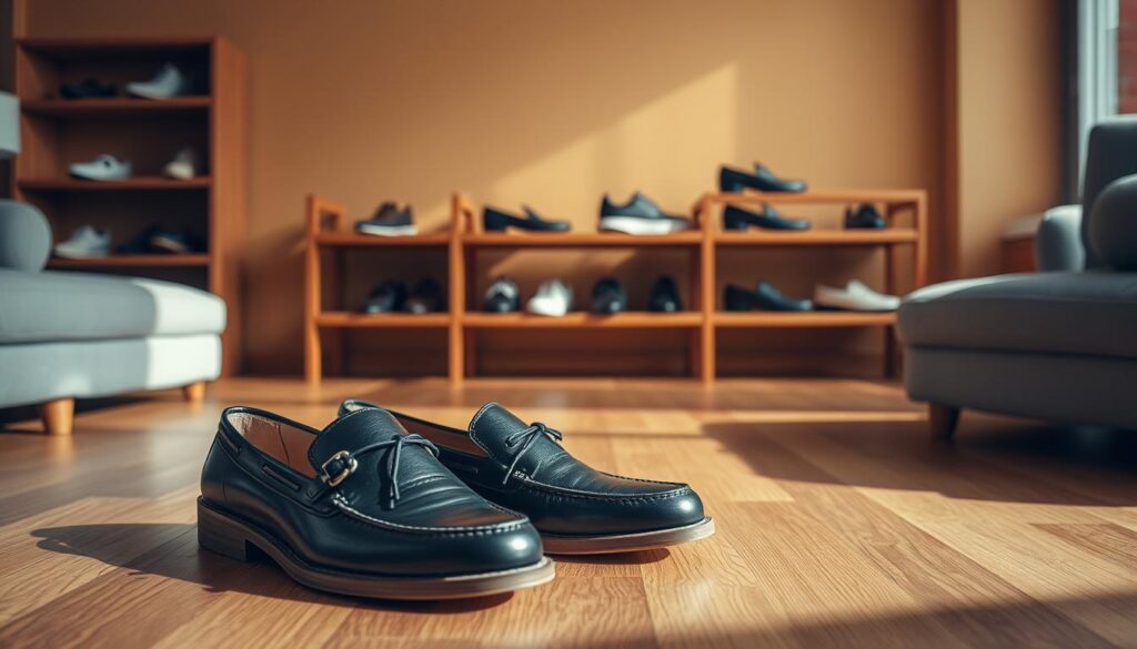 A cozy, well-lit interior showcasing a pair of stylish Dasia brand shoes in the foreground. The shoes are positioned on a hardwood floor, meticulously crafted with attention to detail, showcasing their quality and design. In the middle ground, a simple yet elegant wooden shelf displays various Dasia shoe models, inviting closer inspection. The background features a warm, neutral-toned wall, creating a inviting atmosphere that highlights the products. The lighting is soft and natural, casting subtle shadows that accentuate the shoes' form and texture. The overall composition conveys a sense of refined simplicity and confidence in the Dasia brand.