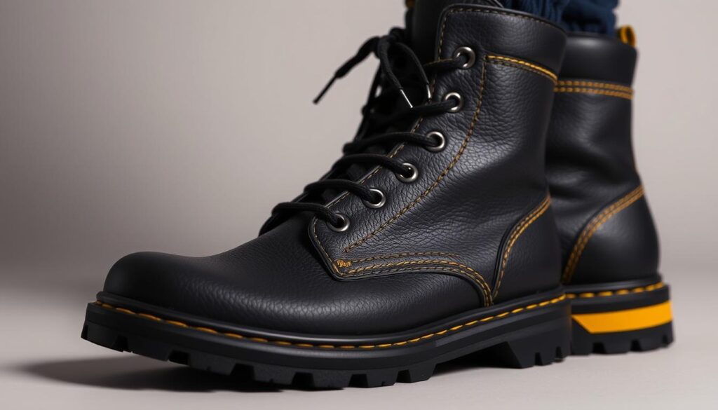 A detailed close-up shot of a pair of Superdry brand men's leather boots with a rugged, textured appearance, featuring a matte black finish, distinctive yellow stitching, and reinforced treads for added durability. The boots are set against a plain, neutral background that allows the craftsmanship and materials to shine. The lighting is soft and flattering, creating subtle shadows that accentuate the contours and premium quality of the footwear. The overall mood is one of understated sophistication and high-end design, reflecting the Superdry brand's focus on functional, fashionable apparel.