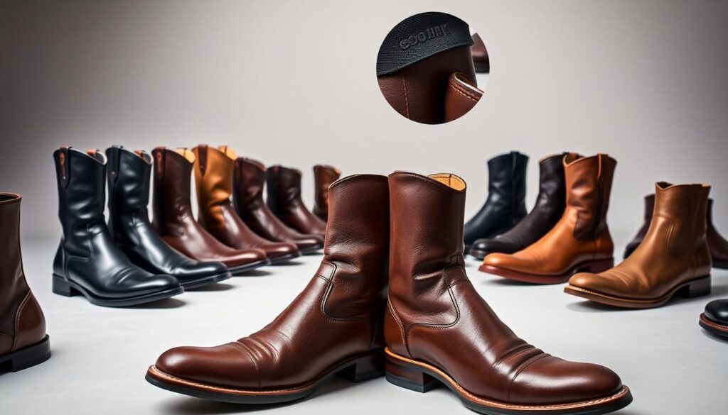 A diverse collection of Goodin boots, showcased in a well-lit studio setting. In the foreground, a variety of styles and colors are displayed, capturing the attention with their sleek designs and premium materials. The middle ground features close-up shots highlighting the intricate stitching, sturdy soles, and subtle branding details that speak to the quality craftsmanship. The background subtly fades into a neutral, minimalist backdrop, allowing the boots to take center stage and inviting the viewer to closely examine their features. The overall composition conveys a sense of sophistication and attention to detail, reflecting the reputation and character of the Goodin brand.