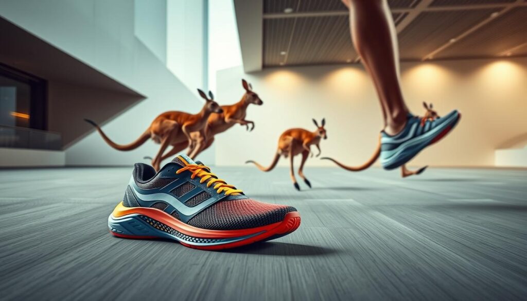 A dynamic, sports-focused scene showcasing an innovative kangaroo shoe design. In the foreground, a pair of sleek, technologically-advanced kangaroo-inspired athletic shoes in vivid colors and modern materials. The middle ground features a trio of energetic kangaroos leaping and bounding, their powerful limbs and tails in motion, captured with a high-speed camera lens. The background depicts a minimalist, futuristic urban landscape with clean lines and subtle lighting, hinting at the shoe's advanced features and design philosophy. The overall mood is one of dynamism, innovation, and a seamless fusion of nature and technology.