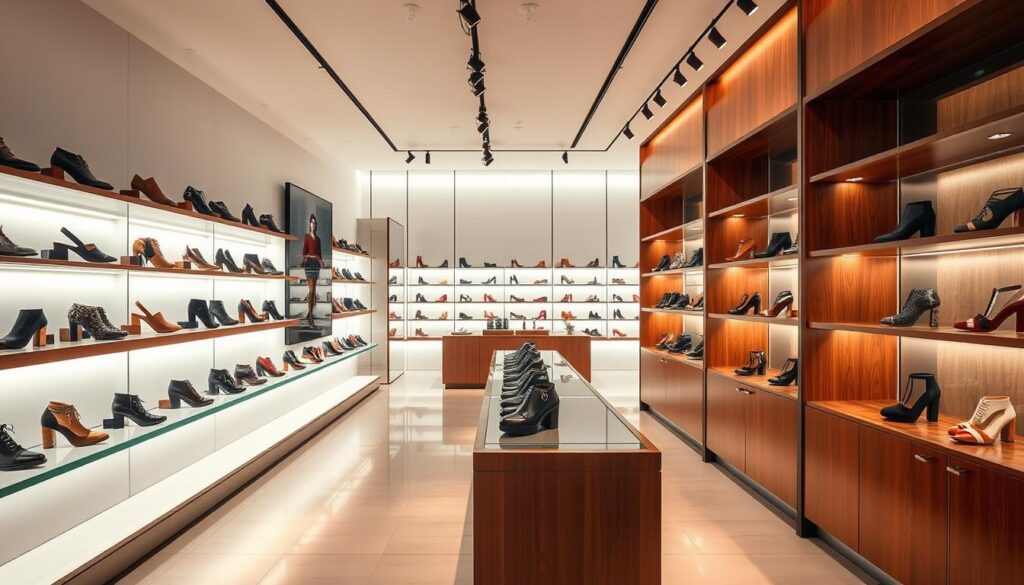 A glamorous and sophisticated high-fashion shoe store, Jeffrey Campbell Buty, captured in a chic and contemporary setting. The showroom features clean, minimalist design with rich, warm wood tones and sleek metal accents. Rows of expertly crafted shoes are displayed on modern shelves, their bold and innovative silhouettes catching the eye of discerning shoppers. Soft, diffused lighting casts a gentle glow, highlighting the fine craftsmanship and high-quality materials. A sense of exclusivity and attention to detail permeates the space, inviting visitors to explore the brand's unique and trendsetting offerings. A glamorous and sophisticated high-fashion shoe store, Jeffrey Campbell Buty, captured in a chic and contemporary setting. The showroom features clean, minimalist design with rich, warm wood tones and sleek metal accents. Rows of expertly crafted shoes are displayed on modern shelves, their bold and innovative silhouettes catching the eye of discerning shoppers. Soft, diffused lighting casts a gentle glow, highlighting the fine craftsmanship and high-quality materials. A sense of exclusivity and attention to detail permeates the space, inviting visitors to explore the brand's unique and trendsetting offerings.