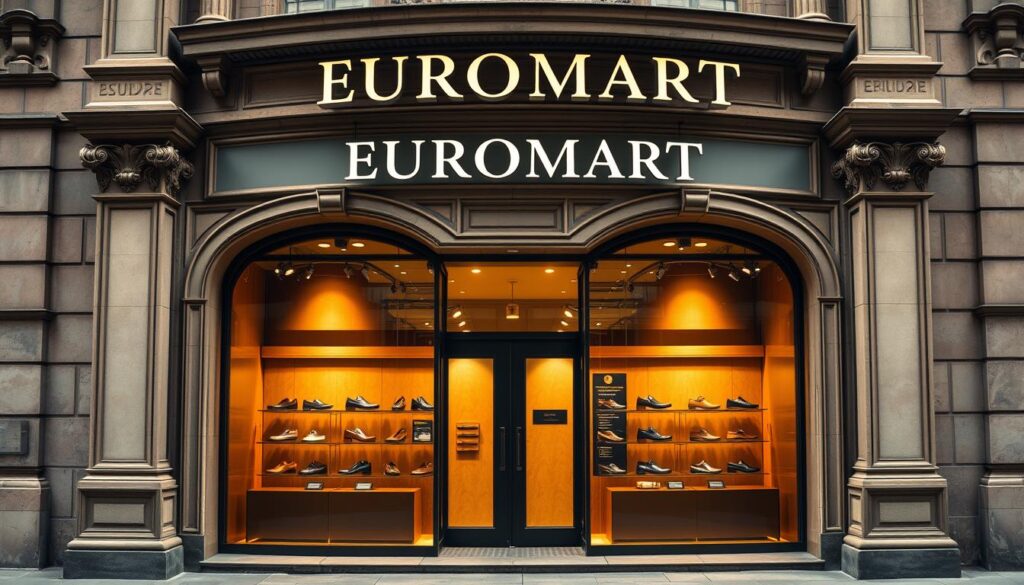 A grand, historical storefront of Euromart shoes, exuding a timeless elegance. The façade is adorned with ornate architectural details, columns, and intricate moldings, evoking the grandeur of a bygone era. The entryway is framed by a pair of large, ornate windows showcasing a selection of meticulously crafted leather shoes. Warm, ambient lighting casts a golden glow, highlighting the craftsmanship and quality of the footwear on display. In the background, a sense of antiquity is conveyed through the use of muted, earthy tones, suggesting the long, storied history of the Euromart brand. The overall scene evokes a feeling of tradition, heritage, and the enduring appeal of classic European shoe design. A grand, historical storefront of Euromart shoes, exuding a timeless elegance. The façade is adorned with ornate architectural details, columns, and intricate moldings, evoking the grandeur of a bygone era. The entryway is framed by a pair of large, ornate windows showcasing a selection of meticulously crafted leather shoes. Warm, ambient lighting casts a golden glow, highlighting the craftsmanship and quality of the footwear on display. In the background, a sense of antiquity is conveyed through the use of muted, earthy tones, suggesting the long, storied history of the Euromart brand. The overall scene evokes a feeling of tradition, heritage, and the enduring appeal of classic European shoe design.