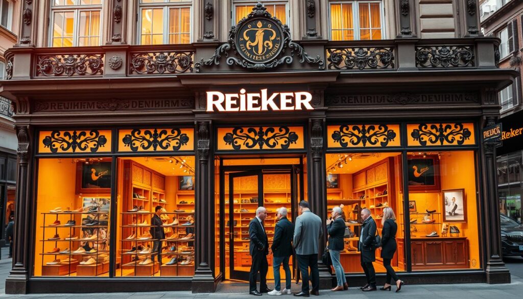 A grand, ornate storefront with the iconic Rieker logo proudly displayed. The exterior is adorned with intricate architectural details, hinting at the brand's rich heritage. Through the large windows, glimpses of a cozy, well-appointed interior can be seen, showcasing Rieker's dedication to quality and craftsmanship. The scene is illuminated by warm, golden lighting, creating a welcoming and inviting atmosphere. In the foreground, a group of smartly dressed customers examines the latest Rieker footwear designs, while the background features a bustling city street, providing a sense of the brand's global reach and influence. The overall composition conveys the timeless elegance and enduring legacy of the Rieker brand.