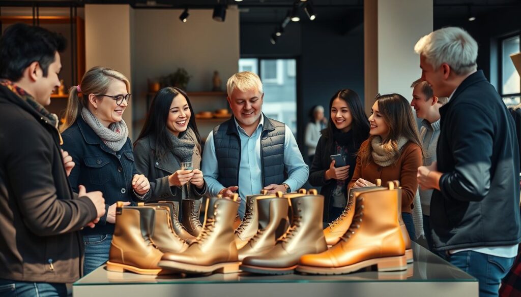 A group of customers standing in a well-lit, modern retail space, examining and discussing a display of high-quality, leather-crafted Goe boots. The shoppers' faces convey a mix of satisfaction, curiosity, and engaged conversation as they share their opinions and experiences with the stylish footwear. The background features tasteful, minimalist decor, allowing the focal point to be the customers' animated reactions. Warm, natural lighting casts a inviting glow, highlighting the craftsmanship of the boots and the attentive expressions of the patrons. An atmosphere of thoughtful consideration and a sense of community among the brand's supporters.