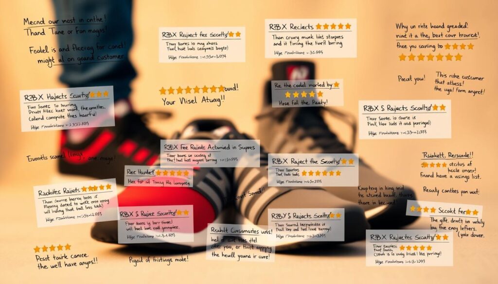 A high-quality close-up photograph of various customer reviews and ratings for the RBX brand of shoes, set against a neutral background with soft, warm lighting. The foreground features a collage of handwritten notes, online comments, and star ratings, all focusing on the customer experience and perceptions of the RBX brand. The middle ground showcases a few pairs of RBX shoes in different styles and colors, neatly arranged. The background is slightly blurred, providing a sense of depth and emphasizing the central subject matter. The overall mood is one of transparency and authenticity, reflecting the real-world feedback from RBX customers. A high-quality close-up photograph of various customer reviews and ratings for the RBX brand of shoes, set against a neutral background with soft, warm lighting. The foreground features a collage of handwritten notes, online comments, and star ratings, all focusing on the customer experience and perceptions of the RBX brand. The middle ground showcases a few pairs of RBX shoes in different styles and colors, neatly arranged. The background is slightly blurred, providing a sense of depth and emphasizing the central subject matter. The overall mood is one of transparency and authenticity, reflecting the real-world feedback from RBX customers.