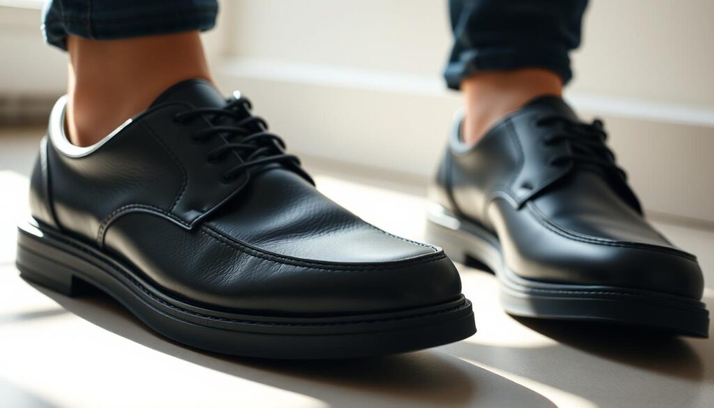 A high-quality close-up shot of a pair of black leather Oleksy brand shoes, lit with soft natural light and captured from a low angle to highlight the sleek, minimalist design. The shoes feature a clean, polished surface with subtle stitching details, sitting atop a sturdy, flexible sole. The scene conveys a sense of sophistication and durability, reflecting the premium quality and craftsmanship associated with the Oleksy footwear brand.