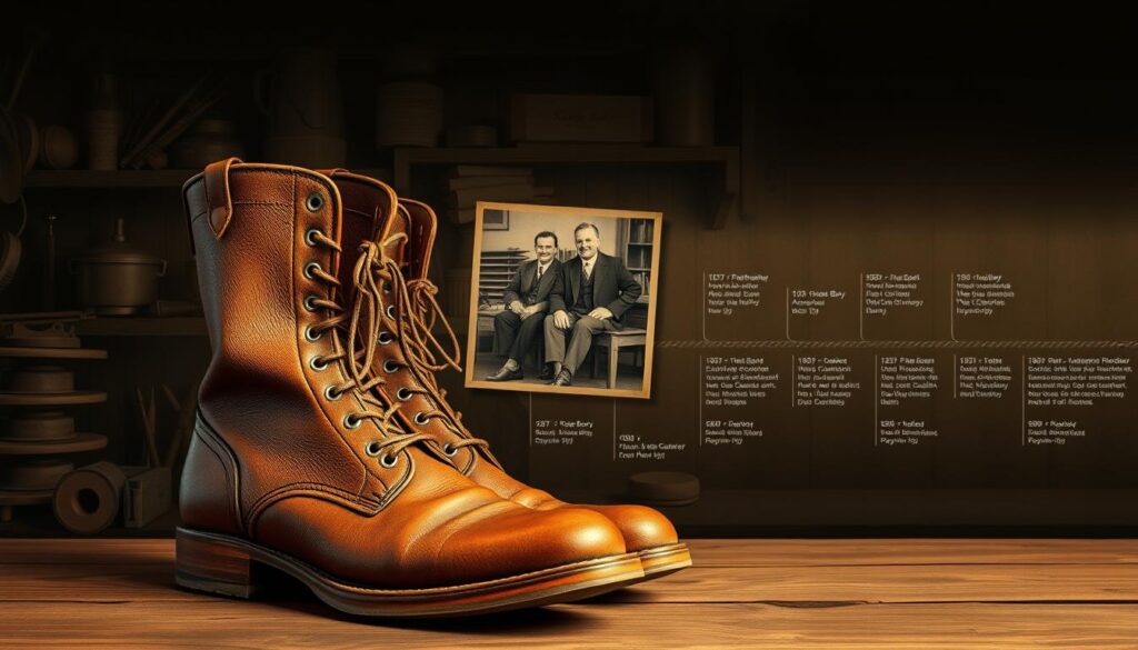 A high-quality, detailed illustration of the history of the Kanna Buty footwear brand. In the foreground, a pair of vintage leather boots with a classic design and warm, worn patina. In the middle ground, a faded historical photograph of the brand's founders in a 1950s workshop, surrounded by tools and shoemaking equipment. In the background, a timeline chronicling key milestones in the company's evolution, from its humble beginnings to its present-day status as a respected industry leader. The overall mood is one of nostalgia and craftsmanship, conveying the brand's rich heritage and enduring commitment to quality. A high-quality, detailed illustration of the history of the Kanna Buty footwear brand. In the foreground, a pair of vintage leather boots with a classic design and warm, worn patina. In the middle ground, a faded historical photograph of the brand's founders in a 1950s workshop, surrounded by tools and shoemaking equipment. In the background, a timeline chronicling key milestones in the company's evolution, from its humble beginnings to its present-day status as a respected industry leader. The overall mood is one of nostalgia and craftsmanship, conveying the brand's rich heritage and enduring commitment to quality.