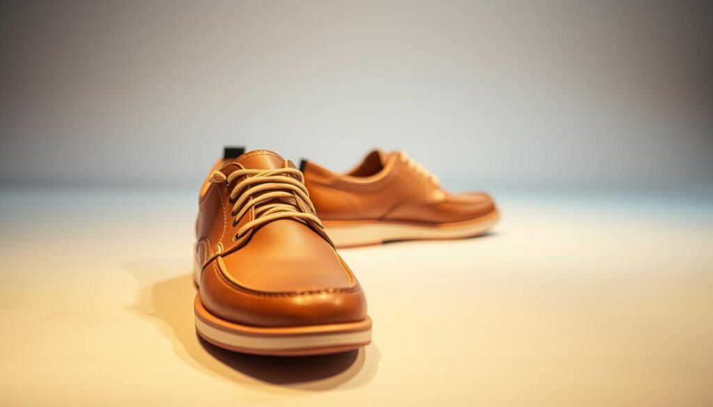 A high-quality, detailed image of Verano footwear showcased on a clean, well-lit studio set. The shoes are the main focus, presented from an angle that highlights their sleek, modern design and premium materials. The lighting is soft and diffused, creating a warm, inviting atmosphere. The background is minimalist, with subtle textures or gradients that complement the shoes without distracting. The composition draws the viewer's eye to the craftsmanship and distinctive Verano branding. The image conveys a sense of sophistication, quality, and the brand's attention to detail.