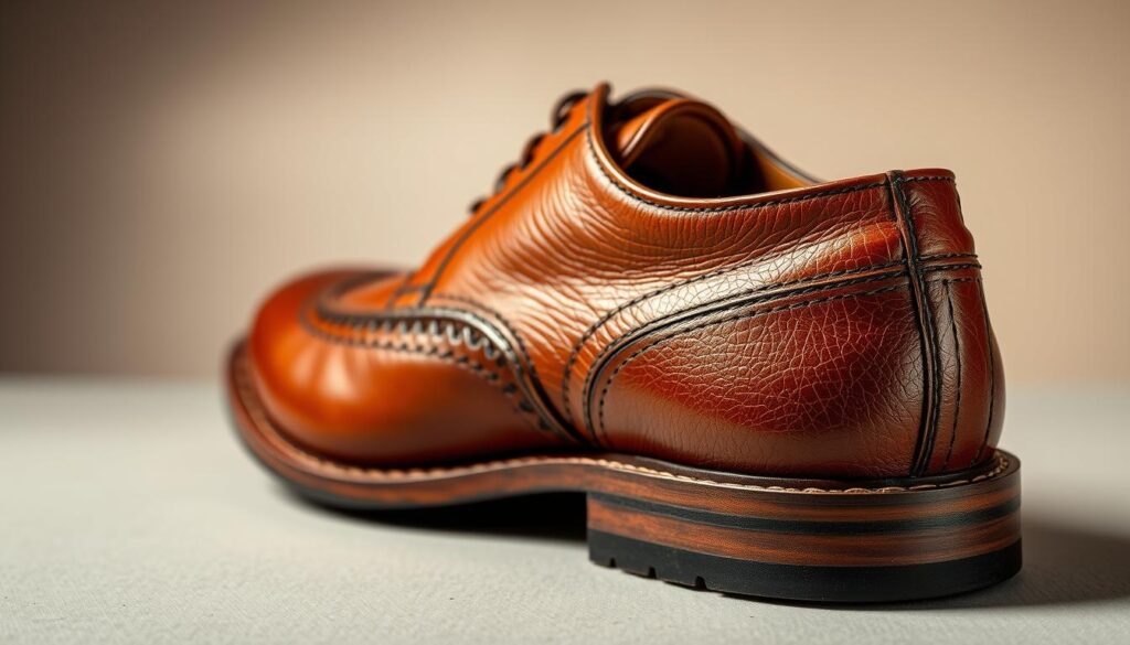 A high-quality leather shoe crafted by Waldlaufer, showcasing its exceptional materials and construction. The camera focuses on the shoe's upper, capturing the rich, supple grain of the leather and the intricate stitching that reinforces its durability. Subtle patterns and textures emerge, hinting at the attention to detail in the manufacturing process. Soft, diffused lighting casts warm highlights, emphasizing the premium quality of the materials used. The shoe sits atop a clean, neutral background, allowing the craftsmanship to take center stage and leaving no doubt about Waldlaufer's commitment to producing footwear of the highest caliber.