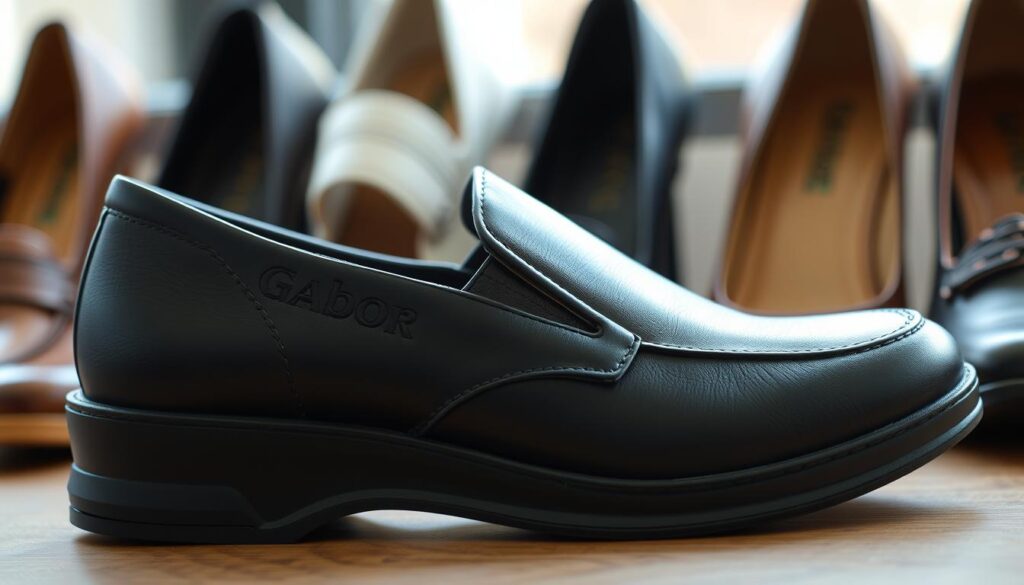 A high-quality leather shoe with a sleek, sophisticated Gabor logo prominently displayed on the side. The shoe's silhouette is classic and timeless, with a streamlined shape and gentle curves. The foreground is sharply in focus, showcasing the fine craftsmanship and attention to detail, such as the stitching and the high-quality materials used. The middle ground includes a carefully arranged array of complementary Gabor shoe styles, each with their own unique design elements. The background is softly blurred, creating a sense of depth and drawing the viewer's eye to the main subject. The lighting is natural and diffused, lending a warm, inviting atmosphere to the scene. Overall, the image conveys the luxury, quality, and everyday wearability that defines the Gabor brand. A high-quality leather shoe with a sleek, sophisticated Gabor logo prominently displayed on the side. The shoe's silhouette is classic and timeless, with a streamlined shape and gentle curves. The foreground is sharply in focus, showcasing the fine craftsmanship and attention to detail, such as the stitching and the high-quality materials used. The middle ground includes a carefully arranged array of complementary Gabor shoe styles, each with their own unique design elements. The background is softly blurred, creating a sense of depth and drawing the viewer's eye to the main subject. The lighting is natural and diffused, lending a warm, inviting atmosphere to the scene. Overall, the image conveys the luxury, quality, and everyday wearability that defines the Gabor brand.