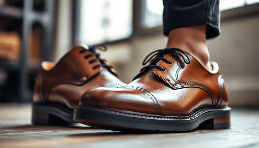 A high-quality pair of Olivier brand shoes, meticulously crafted with premium leather and superior craftsmanship. The camera captures the shoes from a low angle, highlighting the intricate stitching, sturdy soles, and sleek silhouette. The lighting is soft and diffused, casting gentle shadows that accentuate the texture and materials. The background is out of focus, allowing the shoes to be the central focus of the image, conveying a sense of elegance and attention to detail. The overall mood is one of quality, durability, and refined style.
