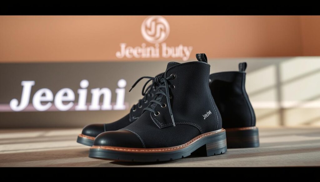 A high-quality, professionally designed and crafted image of the Jeeini buty brand showcasing its distinctive design and construction. The image should feature a pair of Jeeini buty shoes in the foreground, captured from an angle that highlights their unique silhouette, materials, and attention to detail. The middle ground should include a clean, minimalist backdrop that allows the shoes to be the focal point, with subtle hints of the Jeeini buty brand identity, such as a logo or brand name. The lighting should be soft and natural, creating a warm, inviting atmosphere that enhances the premium quality of the shoes. The overall composition should be balanced, visually appealing, and convey a sense of sophistication and craftsmanship associated with the Jeeini buty brand. A high-quality, professionally designed and crafted image of the Jeeini buty brand showcasing its distinctive design and construction. The image should feature a pair of Jeeini buty shoes in the foreground, captured from an angle that highlights their unique silhouette, materials, and attention to detail. The middle ground should include a clean, minimalist backdrop that allows the shoes to be the focal point, with subtle hints of the Jeeini buty brand identity, such as a logo or brand name. The lighting should be soft and natural, creating a warm, inviting atmosphere that enhances the premium quality of the shoes. The overall composition should be balanced, visually appealing, and convey a sense of sophistication and craftsmanship associated with the Jeeini buty brand.