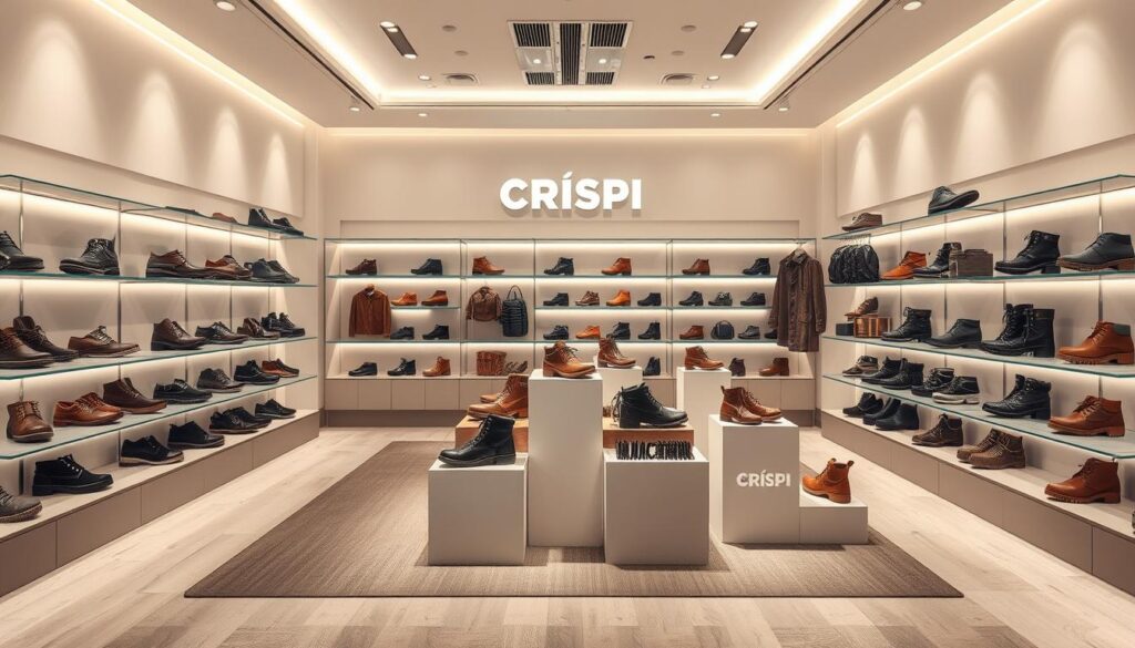 A high-quality, richly detailed image depicting the product lineup of the Crispi footwear brand. The scene shows an elegant, spacious showroom with clean, modern design elements. Rows of Crispi shoes, boots, and other accessories are displayed on sleek, minimalist shelves and podiums, lit by soft, warm lighting that accentuates the premium materials and craftsmanship. The shoes are arranged in an visually appealing, organized manner, showcasing the diverse styles and silhouettes. The background features a muted, neutral color palette that allows the products to take center stage. The overall atmosphere conveys a sense of quality, sophistication, and the brand's commitment to exceptional outdoor and lifestyle footwear. A high-quality, richly detailed image depicting the product lineup of the Crispi footwear brand. The scene shows an elegant, spacious showroom with clean, modern design elements. Rows of Crispi shoes, boots, and other accessories are displayed on sleek, minimalist shelves and podiums, lit by soft, warm lighting that accentuates the premium materials and craftsmanship. The shoes are arranged in an visually appealing, organized manner, showcasing the diverse styles and silhouettes. The background features a muted, neutral color palette that allows the products to take center stage. The overall atmosphere conveys a sense of quality, sophistication, and the brand's commitment to exceptional outdoor and lifestyle footwear.