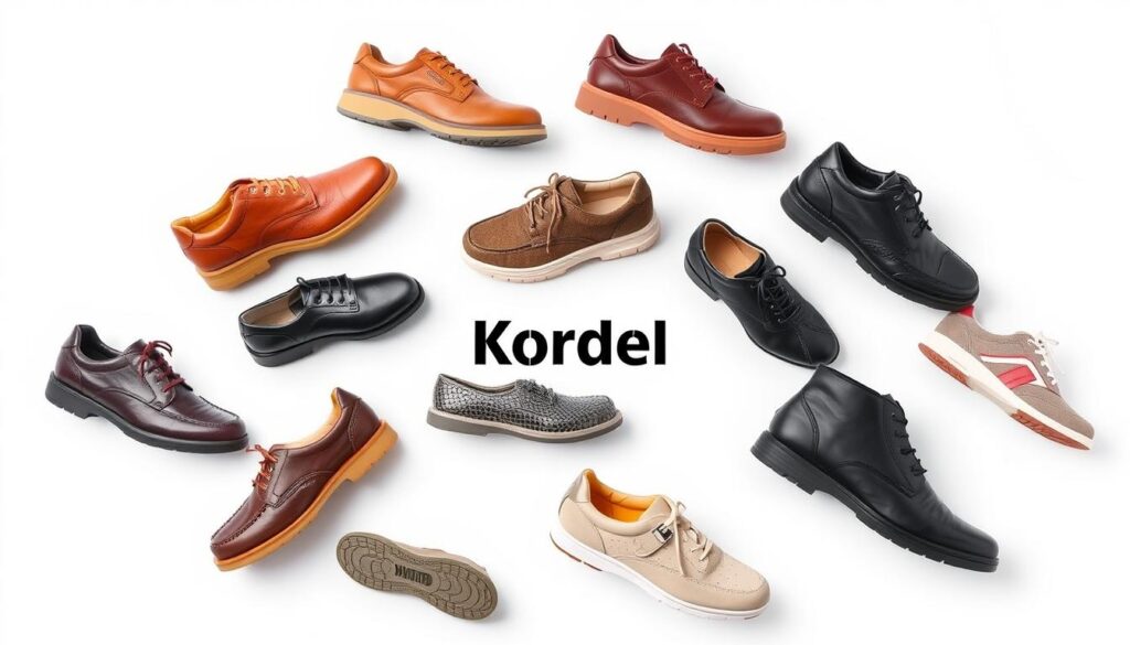 A high-resolution photograph of a variety of Kordel brand shoes, showcased against a plain white background. The shoes should be displayed in a visually appealing arrangement, with careful attention to lighting and angles to highlight their design, materials, and construction. The image should convey a sense of quality, craftsmanship, and consumer appeal, reflecting the subject of the article's section on customer opinions about the Kordel brand. The overall mood should be clean, professional, and focused on the products themselves, without any distracting elements or text overlays.
