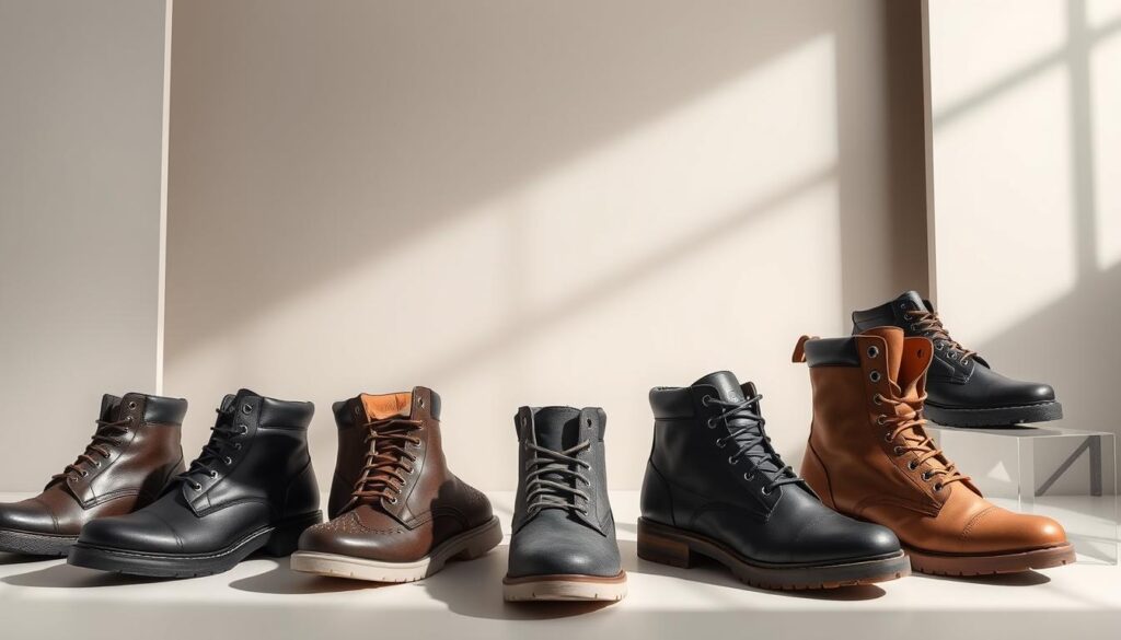 A modern and stylish image of various VTY boots displayed in a well-lit studio setting. The boots are arranged in the foreground, showcasing their sleek designs, durable materials, and premium craftsmanship. In the middle ground, a neutral-toned backdrop provides a clean and minimalist canvas, allowing the boots to take center stage. Subtle highlights and shadows accentuate the textural details of the footwear, creating a sense of depth and dimension. The overall composition conveys a sense of sophistication and professionalism, reflecting the quality and reputation of the VTY brand. The mood is one of high-end, aspirational style, inviting the viewer to consider the merits and appeal of these versatile and fashionable boots. A modern and stylish image of various VTY boots displayed in a well-lit studio setting. The boots are arranged in the foreground, showcasing their sleek designs, durable materials, and premium craftsmanship. In the middle ground, a neutral-toned backdrop provides a clean and minimalist canvas, allowing the boots to take center stage. Subtle highlights and shadows accentuate the textural details of the footwear, creating a sense of depth and dimension. The overall composition conveys a sense of sophistication and professionalism, reflecting the quality and reputation of the VTY brand. The mood is one of high-end, aspirational style, inviting the viewer to consider the merits and appeal of these versatile and fashionable boots.