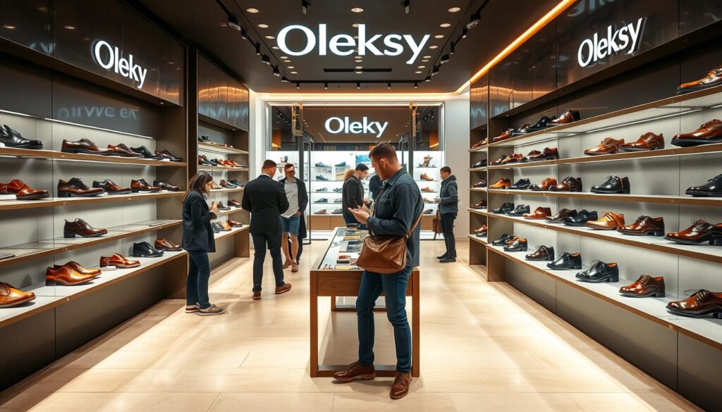 A modern and stylish shoe store interior, with a prominent display of the Oleksy brand. The store is well-lit, with warm lighting and clean, minimalist design. The Oleksy shoes are showcased on sleek shelves, their leather and craftsmanship highlighted. Customers browse the selection, examining the shoes closely. The atmosphere is inviting and aspirational, encouraging the viewer to imagine themselves purchasing these high-quality, fashionable shoes. The scene conveys a sense of quality, accessibility, and the ability to find Oleksy shoes in a convenient, visually appealing retail setting.