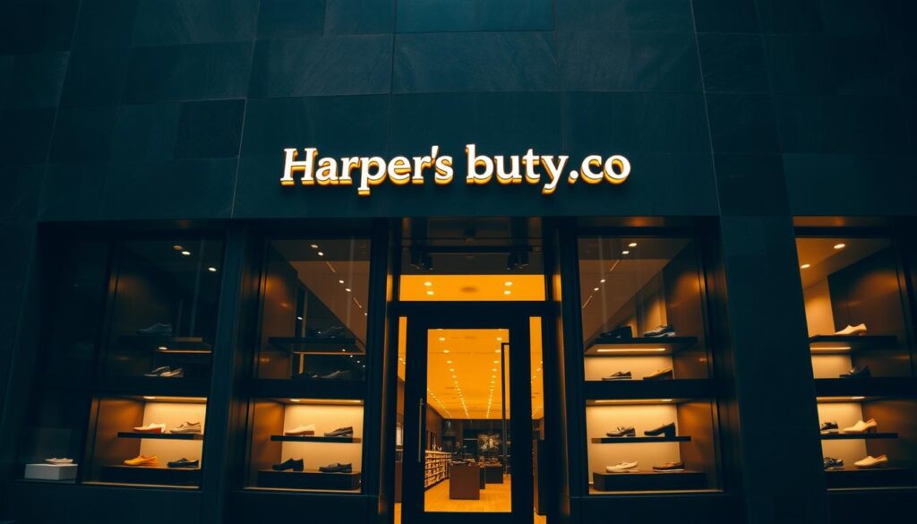 A modern, minimalist storefront of Harpers buty co, a high-end shoe retailer. The exterior is clad in sleek, dark-colored stone or metal, with large windows showcasing the latest shoe designs. The entrance is framed by a simple, understated logo above the door. The lighting is warm and inviting, creating a premium, luxurious atmosphere. The scene is captured from a low, angled perspective to convey a sense of quality and prestige. The background is blurred, keeping the focus on the storefront's elegant, sophisticated design. A modern, minimalist storefront of Harpers buty co, a high-end shoe retailer. The exterior is clad in sleek, dark-colored stone or metal, with large windows showcasing the latest shoe designs. The entrance is framed by a simple, understated logo above the door. The lighting is warm and inviting, creating a premium, luxurious atmosphere. The scene is captured from a low, angled perspective to convey a sense of quality and prestige. The background is blurred, keeping the focus on the storefront's elegant, sophisticated design.
