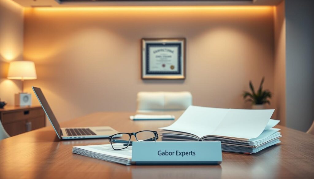 A modern office interior with a large desk, a laptop, and a stack of documents. On the desk, a pair of glasses and a nameplate that reads "Gabor Experts". Warm, indirect lighting illuminates the scene, creating a professional and authoritative atmosphere. The background features a neutral-toned wall, with a framed certificate or diploma hanging on it, signifying the expertise and credibility of the "Gabor Experts". The overall composition conveys a sense of authority, expertise, and thoughtful consideration of the Gabor brand.