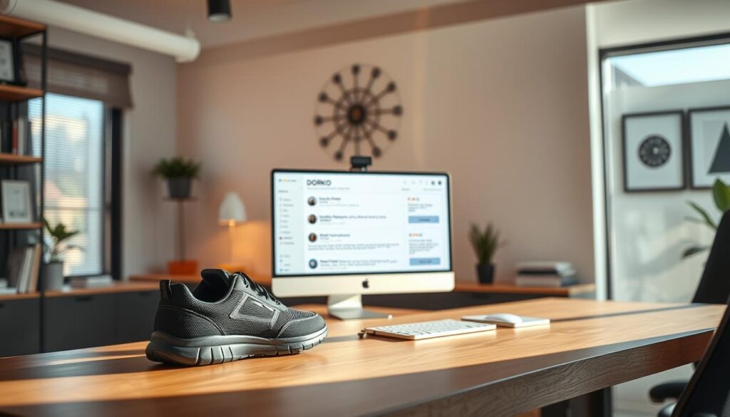A modern office space with a well-organized desk showcasing a pair of Dorko shoes in the foreground. The desk is illuminated by warm, natural lighting streaming in from a large window, creating a cozy and inviting atmosphere. In the middle ground, customer reviews and ratings for the Dorko brand are prominently displayed on a sleek, minimalist computer screen. The background features a clean, minimalist wall decor, suggesting a professional and stylish setting. The overall composition conveys a sense of thoughtfulness, attention to detail, and a desire to present the Dorko brand in a positive and informative light. A modern office space with a well-organized desk showcasing a pair of Dorko shoes in the foreground. The desk is illuminated by warm, natural lighting streaming in from a large window, creating a cozy and inviting atmosphere. In the middle ground, customer reviews and ratings for the Dorko brand are prominently displayed on a sleek, minimalist computer screen. The background features a clean, minimalist wall decor, suggesting a professional and stylish setting. The overall composition conveys a sense of thoughtfulness, attention to detail, and a desire to present the Dorko brand in a positive and informative light.