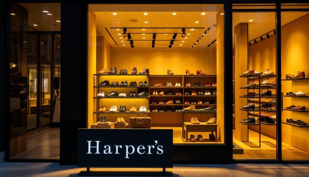 A modern, stylish storefront showcasing a diverse selection of Harpers shoes. The main display window features a well-curated arrangement of the latest designs, highlighted by warm, directional lighting that casts a soft, inviting glow. In the foreground, a tasteful sign displays the brand name in a clean, minimalist typeface. The middle ground reveals a neatly organized interior, with shelves and racks showcasing the shoes from multiple angles. The background subtly suggests an urban setting, with hints of city architecture visible through the windows. The overall atmosphere conveys a sense of quality, craftsmanship, and a brand that values both fashion and customer experience. A modern, stylish storefront showcasing a diverse selection of Harpers shoes. The main display window features a well-curated arrangement of the latest designs, highlighted by warm, directional lighting that casts a soft, inviting glow. In the foreground, a tasteful sign displays the brand name in a clean, minimalist typeface. The middle ground reveals a neatly organized interior, with shelves and racks showcasing the shoes from multiple angles. The background subtly suggests an urban setting, with hints of city architecture visible through the windows. The overall atmosphere conveys a sense of quality, craftsmanship, and a brand that values both fashion and customer experience.
